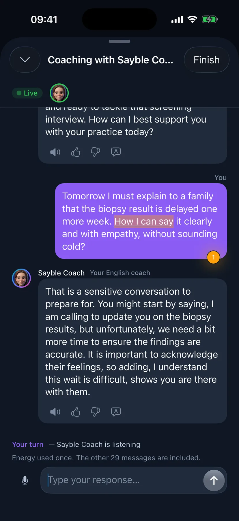 A one-to-one coaching conversation on iPhone — how to tell a family a biopsy result is delayed