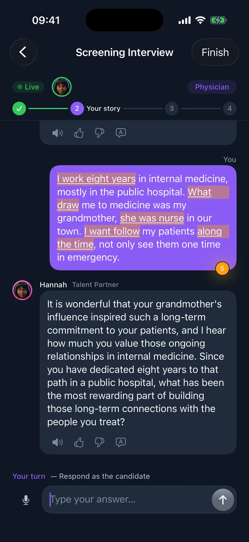 A screening interview on iPhone — a physician's answer, and the interviewer replying to the substance